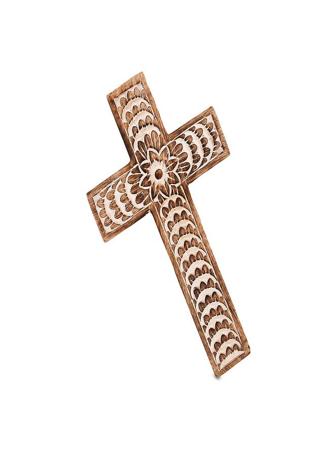 EDHAS Mango Wood White Cross Carved Floral-Design Family Cross Decor,Home Decoration (10" x 6" x 0.5") - Image 2